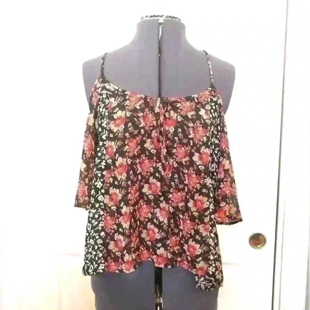 INTO SHEER BLACK RED FLOWER THIN STRAP BLOUSE TOP BEST FIT MEDIUM - Picture 2 of 6